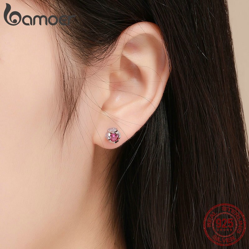 BAMOER Romantische 925 Sterling Zilver Lichtgevende Tulp Bloemknoppen Roze CZ Zirkoon Stud Oorbellen Vrouwen Bruiloft Sieraden BSE042