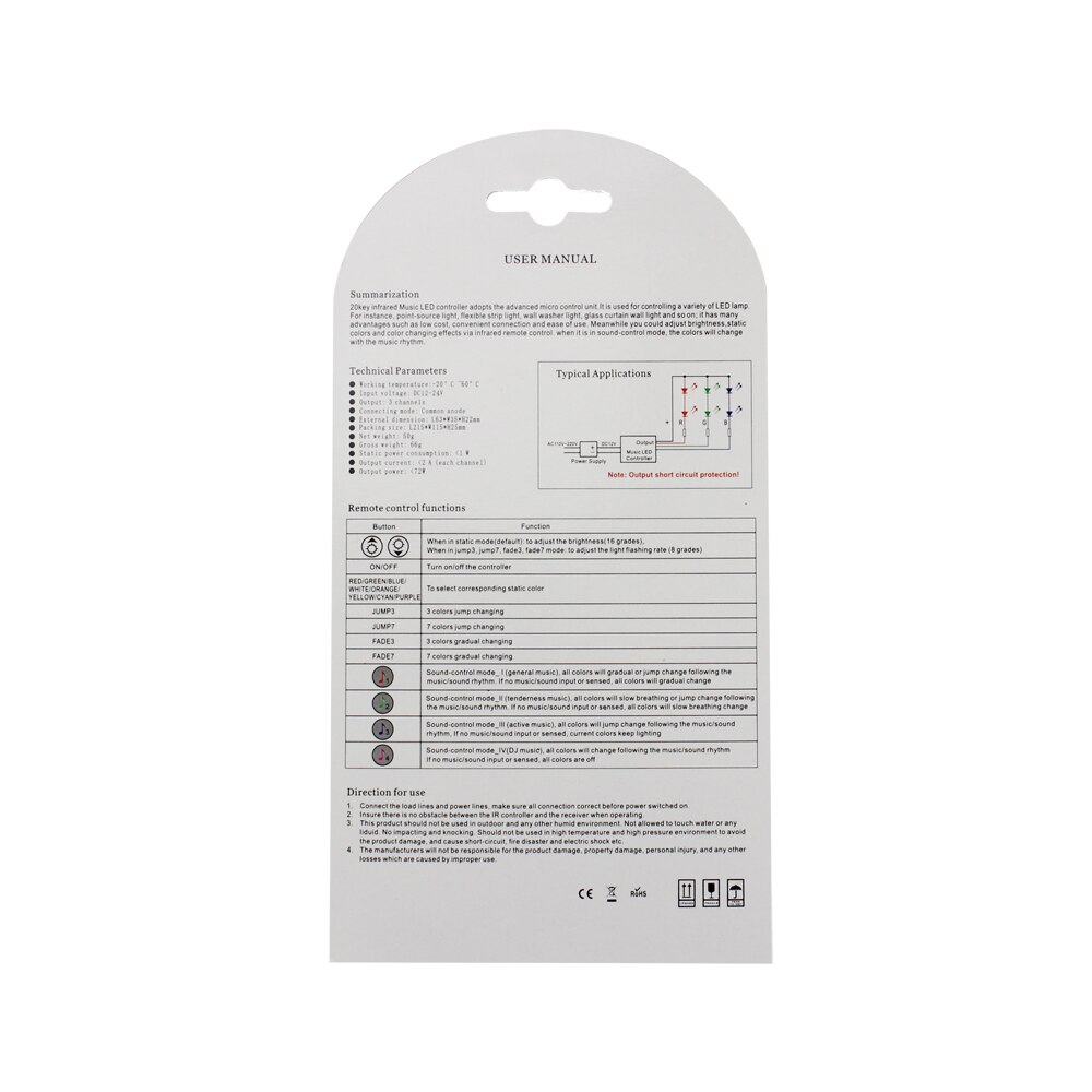 Ir 20key Rgb Muziek Controller DC12V-24V Gemeenschappelijke Anode Ir Remote Controllers Voor Led Strip Verlichting