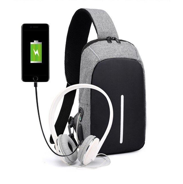 Mini mochila antirrobo multifunción con cargador USB para hombre, para el pecho bolso cruzado, bolsa de hombro Oxford de viaje corto: Gris
