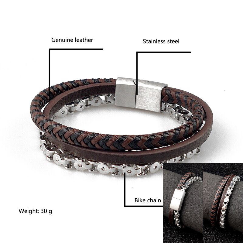 Pulseira de couro trançado para homens vintage, 4 tamanhos de tigre, pedra de amuleto, pulseira étnica rústica de aço inoxidável com contas: Bike chain 3t / 18.5 centímetros