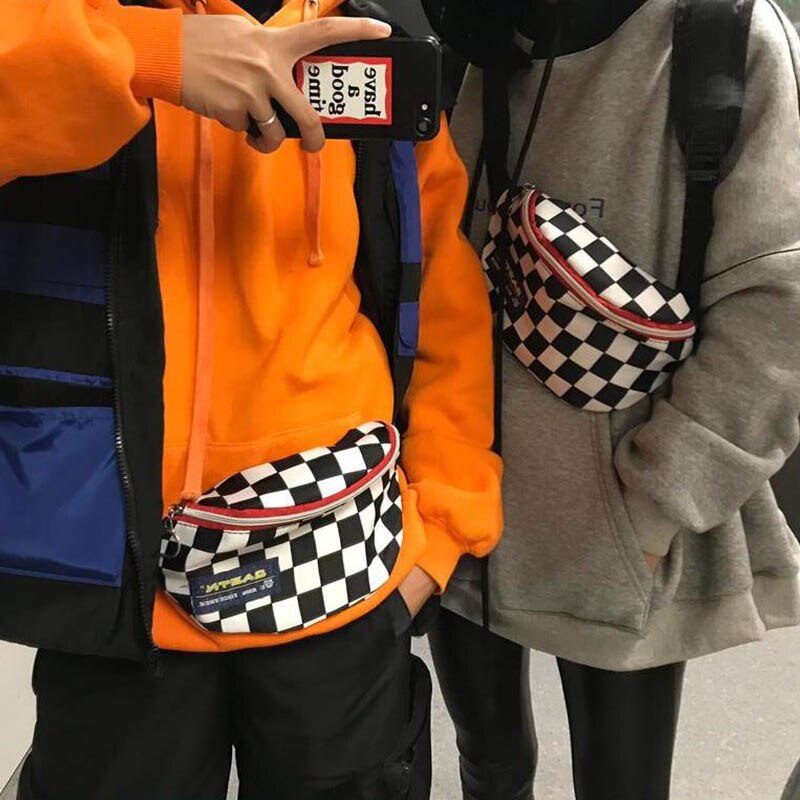 Canvas midjeväska unisex bältesväska galler schackbräde fanny pack kvinnlig axelbälte mobiltelefon bröstväskor