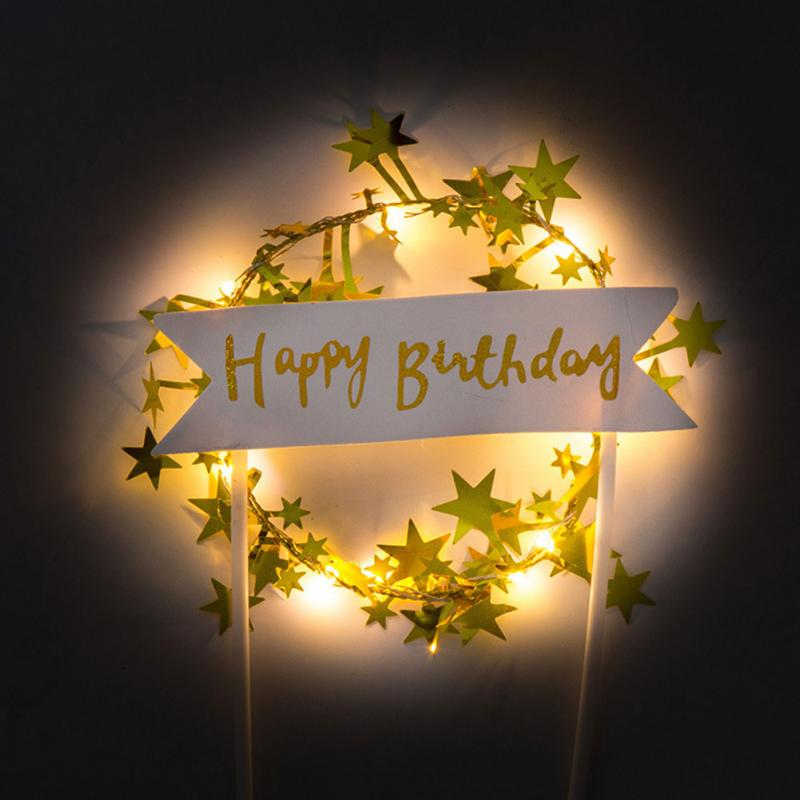 Cake Topper Happy Birthday LED Lighting Top For Kids Romantic Stars Garland Flag Wedding Decorations Baby Shower Banner Party: Gold