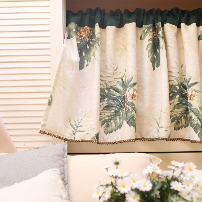 DUNXDECO Short Curtains For Kitchen Door Half Cortinas Fresh Garden Green Plants Palm Leaf Rideau Romantic Window Blind Fabric