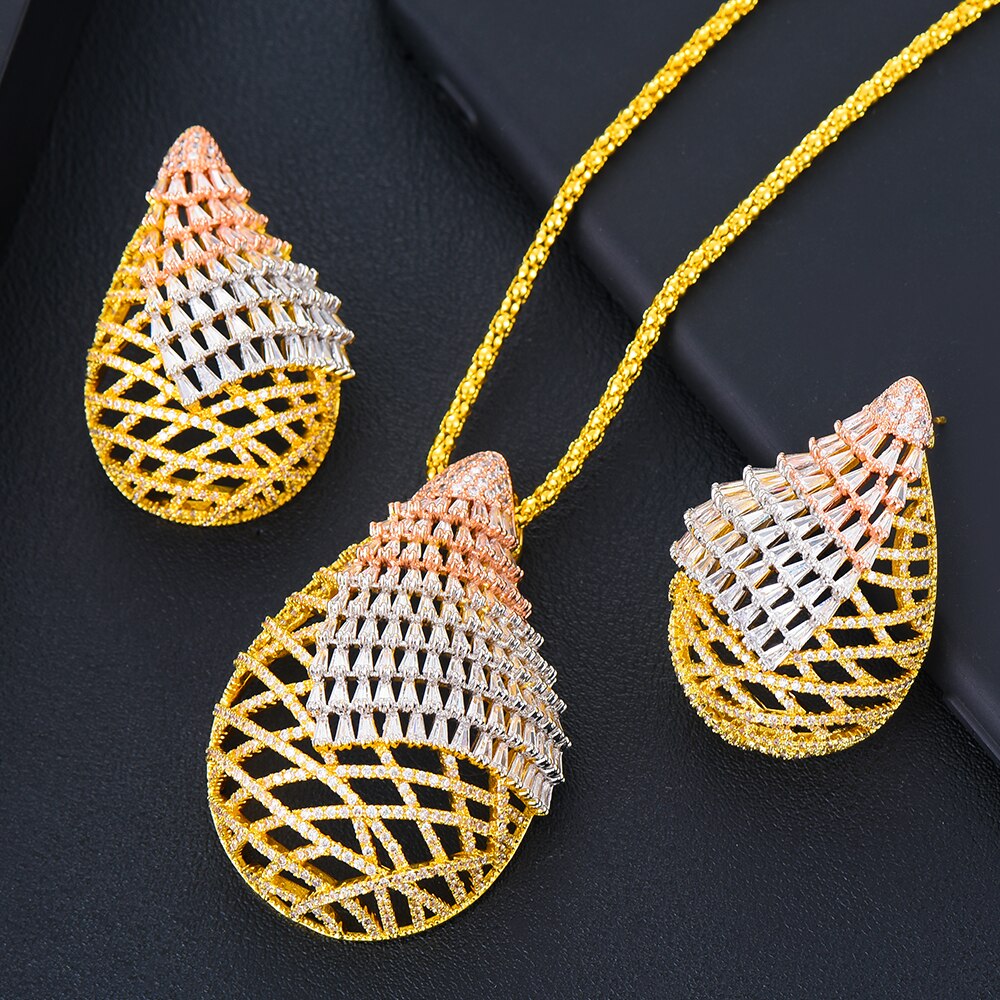 Godki luxe dubai grote holle oorbellen ketting voor vrouwen nobal bridal wedding kubieke zirkonia sieradenset