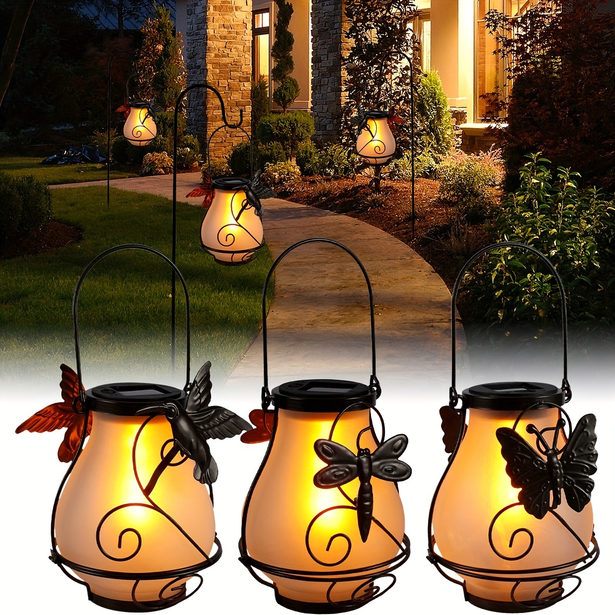 Lampe solaire d'extérieur libellule, lumière 62 flammes, colibri, statue d'animal en métal, LED, lanterne étanche, papillon