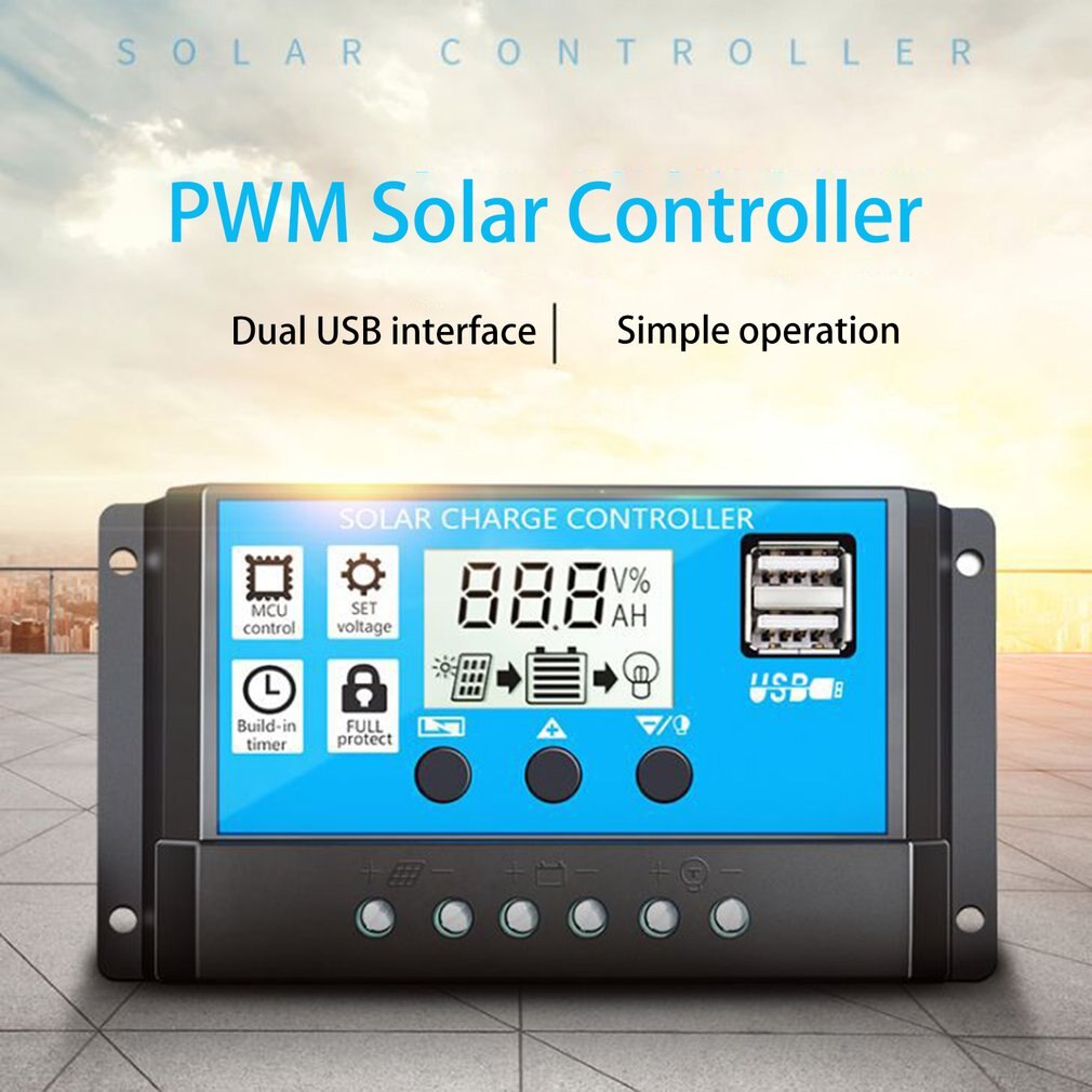 60A/50A/40A/30A/20A/10A 12V 24V Auto Solar Laadregelaar Pwm controllers Lcd Dual Usb 5V Output Zonnepaneel Pv Regulator