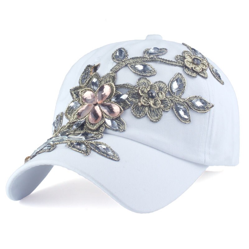 Mærke baseball kasket blomster bling diamant kanvas snapback kasketter til kvinder kvindelig solhat rhinestone denim kasket hatte: Hvid