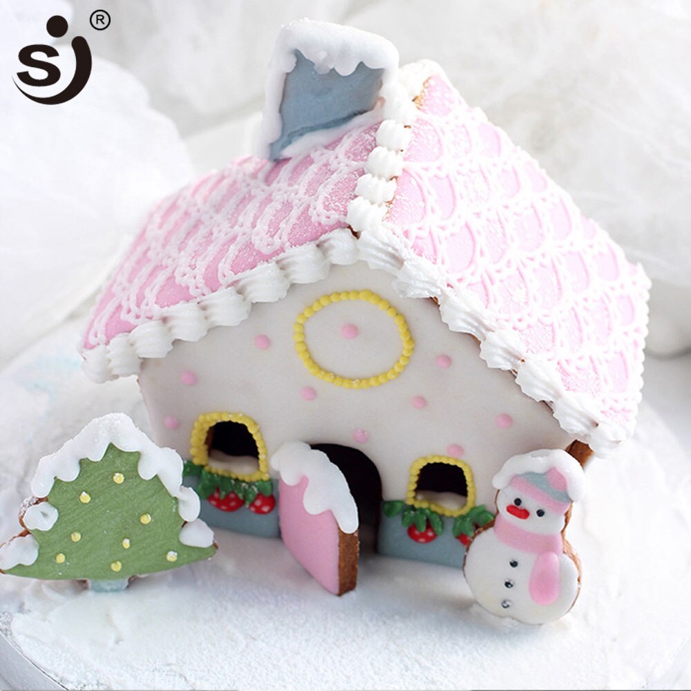 SJ 8Pcs Plastic 3d Baking Cookie Cutter Christmas Set House Snowman DIY Mould Cookie Moulding Clay Plastic Cutting