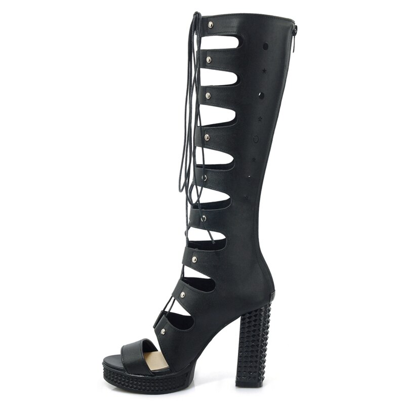 Reave kat dame & #39 ;s sommerstøvler dame platform firkantet højhælet gladiator kryds bundet peep toe stor størrelse sort hvid  a700: Sort / 4