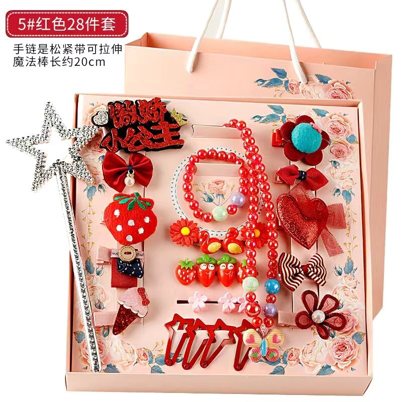 28 Stks/set Kids Hoofddeksels Set Baby Meisje Haarspelden Boog Haar Accessoires Met Doos Leuke Baby Hoofdband Haar Clips Verjaardag: 5Red