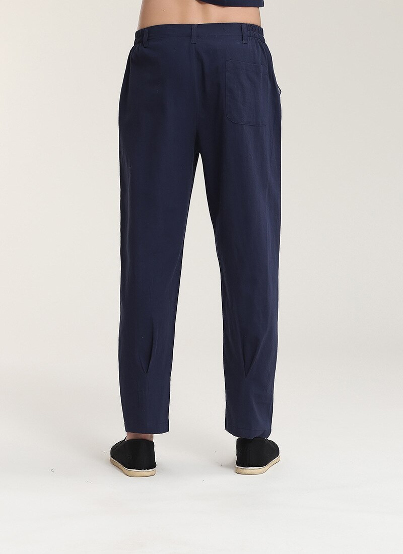 Marineblå kinesiske menn tai chi bukser bomull lin kung fu bukse tilfeldig løse myke bukser med lomme ml xl xxl xxxl