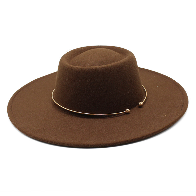 Fedora – chapeau feutré De Jazz pour femmes et hommes, à large bord De 9.5CM, avec chaîne en or, automne hiver, robe formelle: Brown