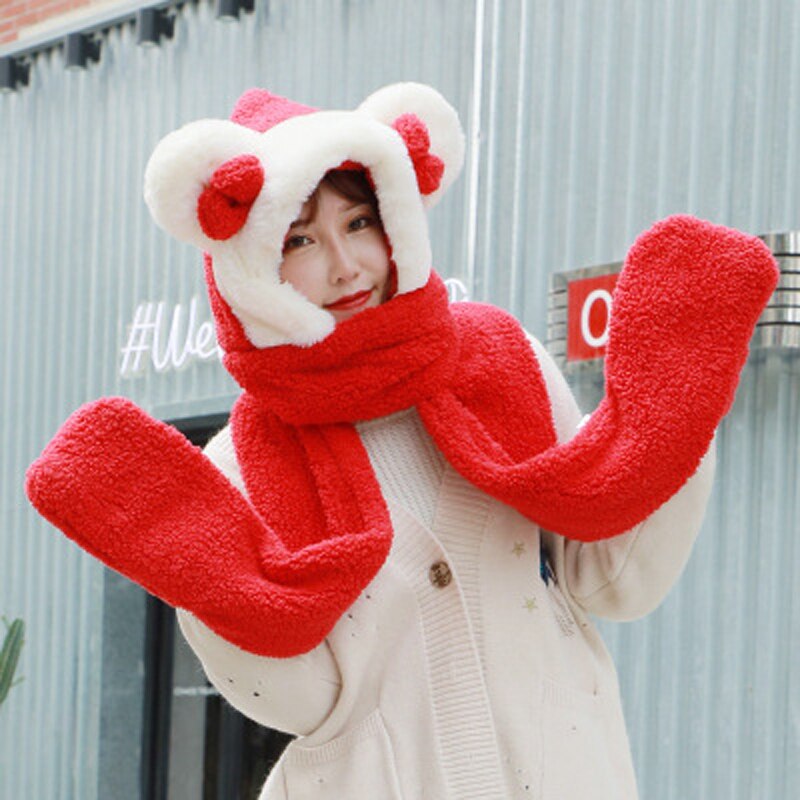 Foux Bomber Hats Women Kids Parent Child Winter Bear Ears Russian Cap Scarf Neck Gloves Snow Warm Baby Boy Girl Ushanka Trooper: Red