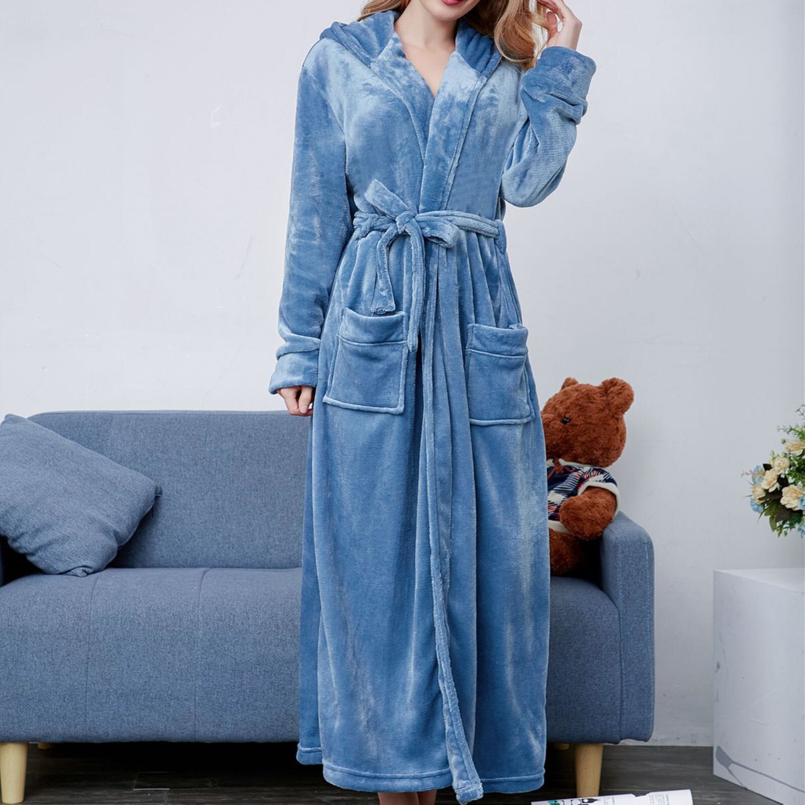 Chemise de nuit épaisse, pyjama en flanelle, couleur unie, revers, vêtements de maison, manches longues, à capuche, pour hommes et femmes