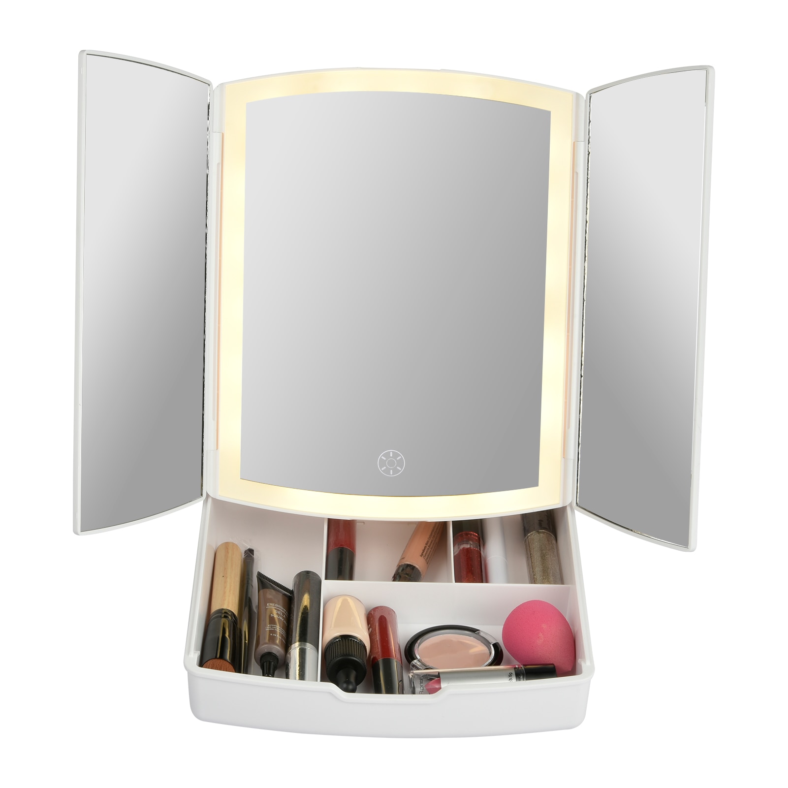 Lighted Makeup Mirror Trifold Vanity Mirror Touch Screen Dimming with Storage Tray ang 5x Magnification mirror