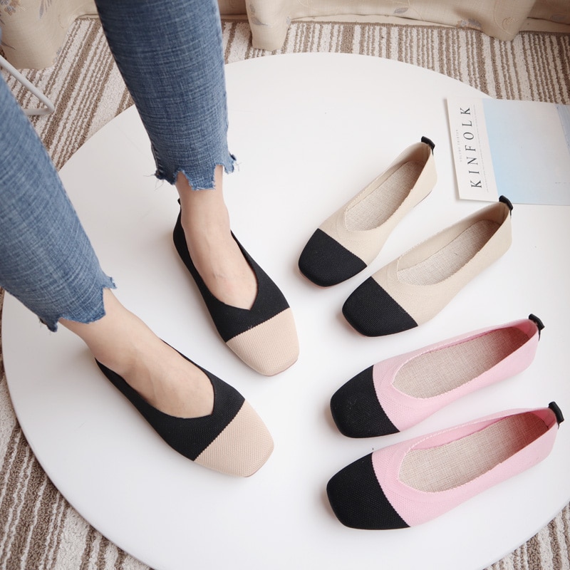 EOEODOIT Karree Patchwork Frauen Schuhe V Mund strecken betroffen Atmungsaktive Stoff Ballett Wohnungen Weibliche Beiläufige Gemütliche Turnschuhe Loafer