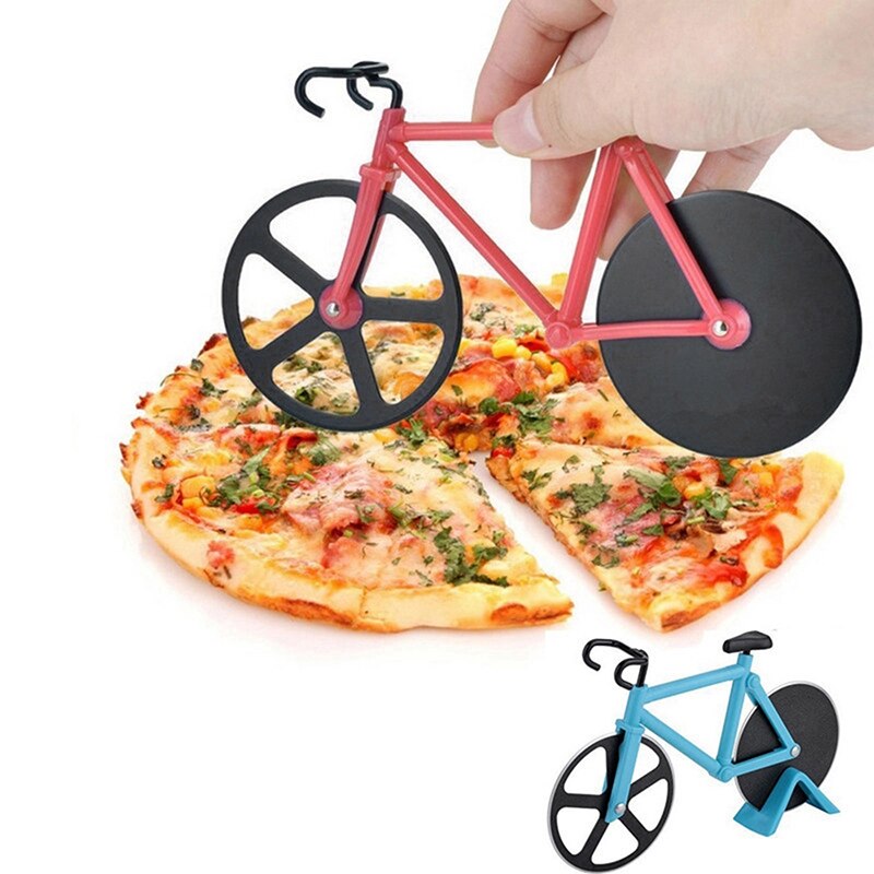 Stainless Steel Kitchen Pizza Tool Bike Pizza Cutter Knives Non-stick Two-wheel Bicycle Shape Pizza Cutting Knife With Holder