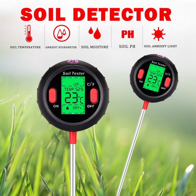 5 in 1 jord ph meter jord tester plante test sonde ph fugtighedsmåler temperatur solintensitet måling surhedsgrad alkali