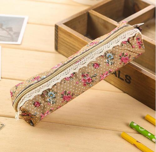 1pcs/lot Floral Fabric Pencil Bag Vintage Flower Lace Utiles Escolares Korean Style Pen Pouch for School Offices Supplies: coffee