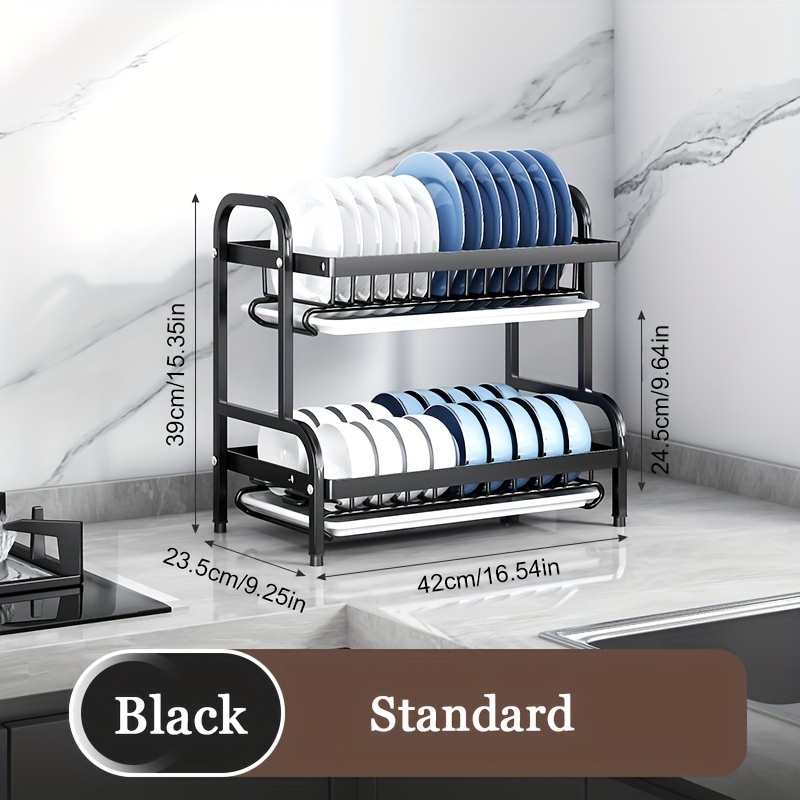 Estante de secado de platos de 2 niveles con soporte para utensilios, estantes ajustables, organizador de cocina que ahorra espacio, sistema de drenaje, gabinete de almacenamiento: Azul