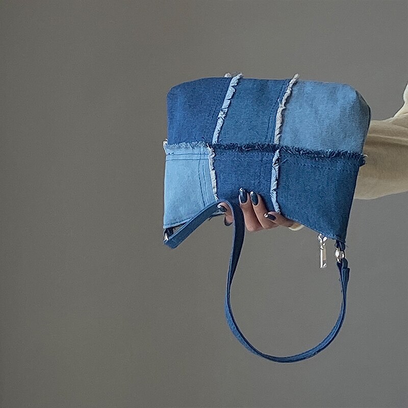 Vintage Denim Stiksels Vrouwen Onderarm Zak Dames Contrast Kleur Kleine Schoudertassen Vrouwelijke Oksel Bag Baguette Handtassen