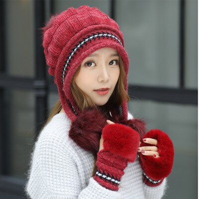 Jente varm ski merke kanin pels pom poms varme hansker + strikket lue sett vinter kvinner ull lue lue tykk skullies kvinne lue: Rød / Lue og hanske