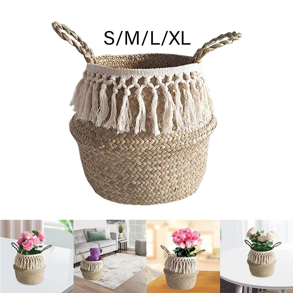 Panier à linge en osier avec pompon blanc, décoration de salon de jardin