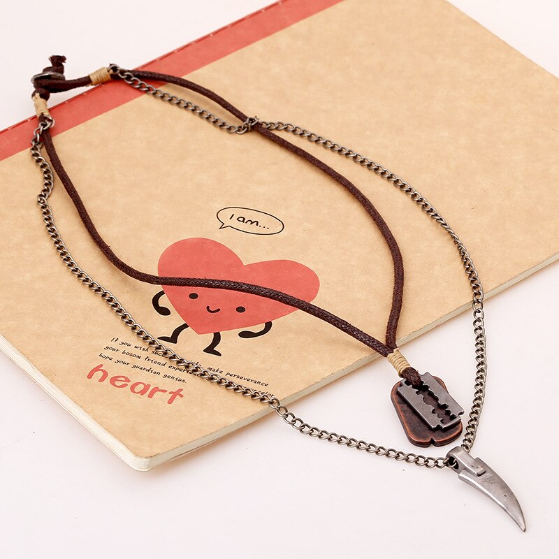 Vintage Mens Necklace Alloy Animal Wolf Tooth Razor Blade Pendants Necklace Multilayer Metal Chain Choker Male Punk Jewelry