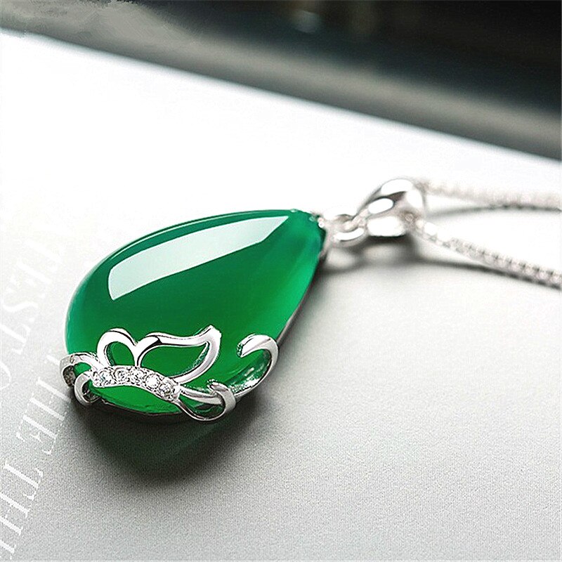 Natural Green Jade Chalcedony Water Pendant 925 Silver Necklace Chinese Carved Charm Jewelry Amulet for Women