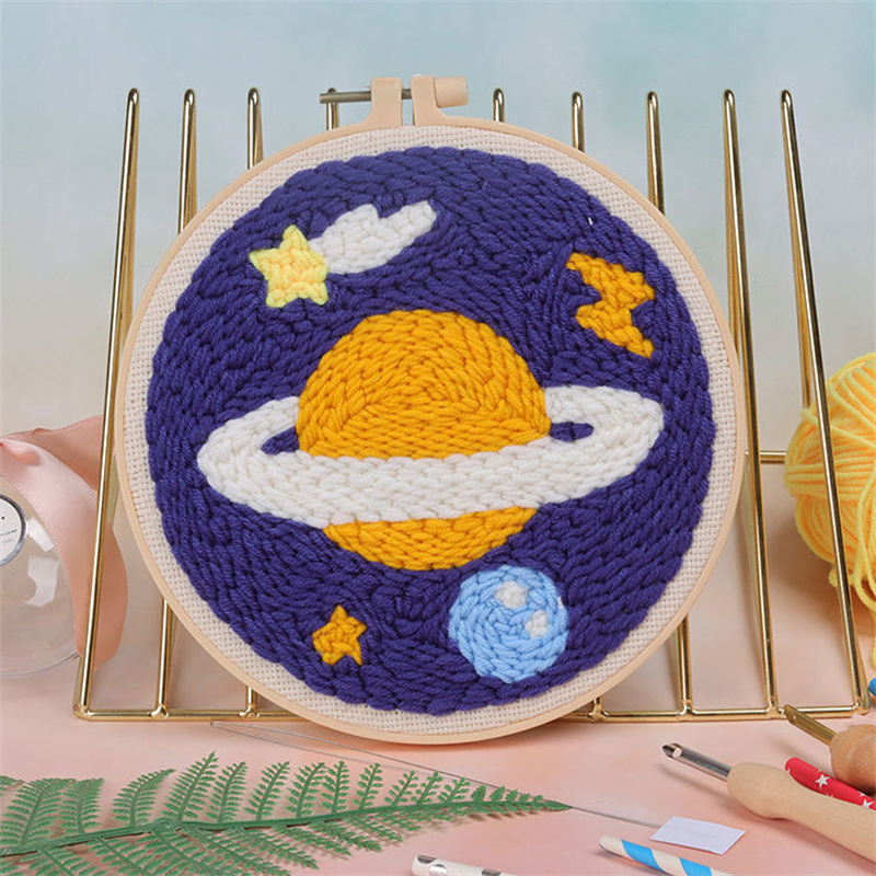 Scenery Moon Punch Needle Embroidery Starter Kits DIY Craft Set Rug Hooking Punch Needle Tool With Threader Fabric Wool Yarn: Navy Blue