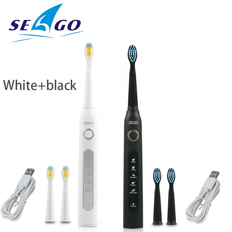 Seago Sonic Toothbrush Electric USB Rechargeable Waterproof Replacement Brush Head Best: White and black