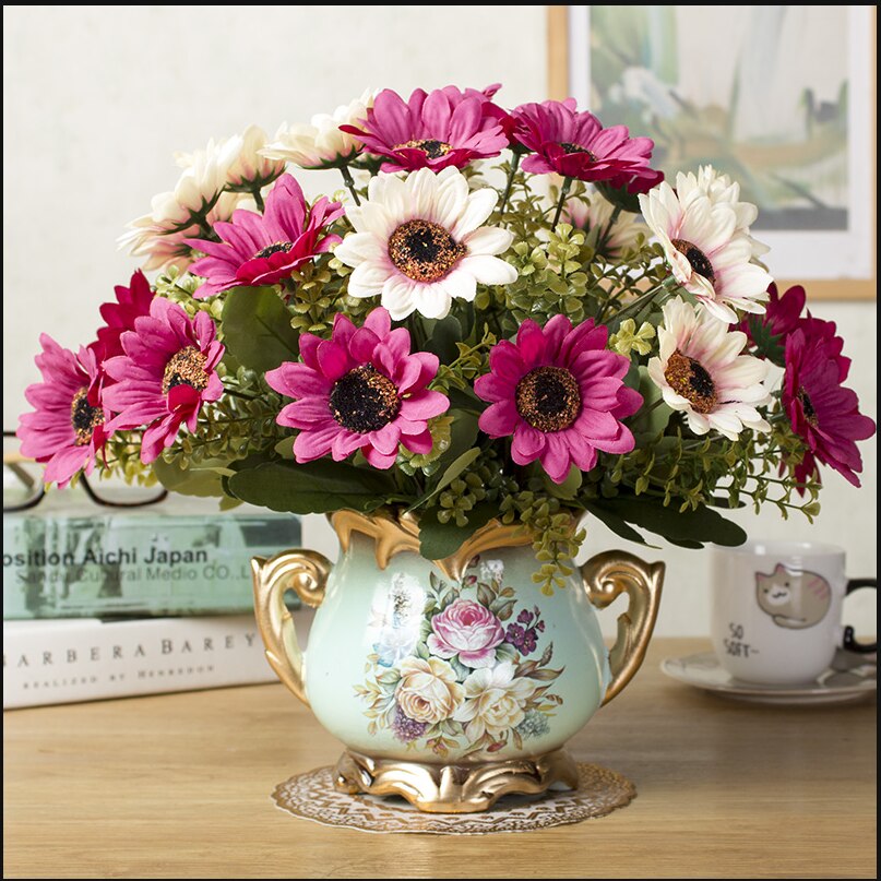 1set European artificial flower+vase living room home table wedding decor potted bonsai ornament silk flores +Ceramic vase: d1