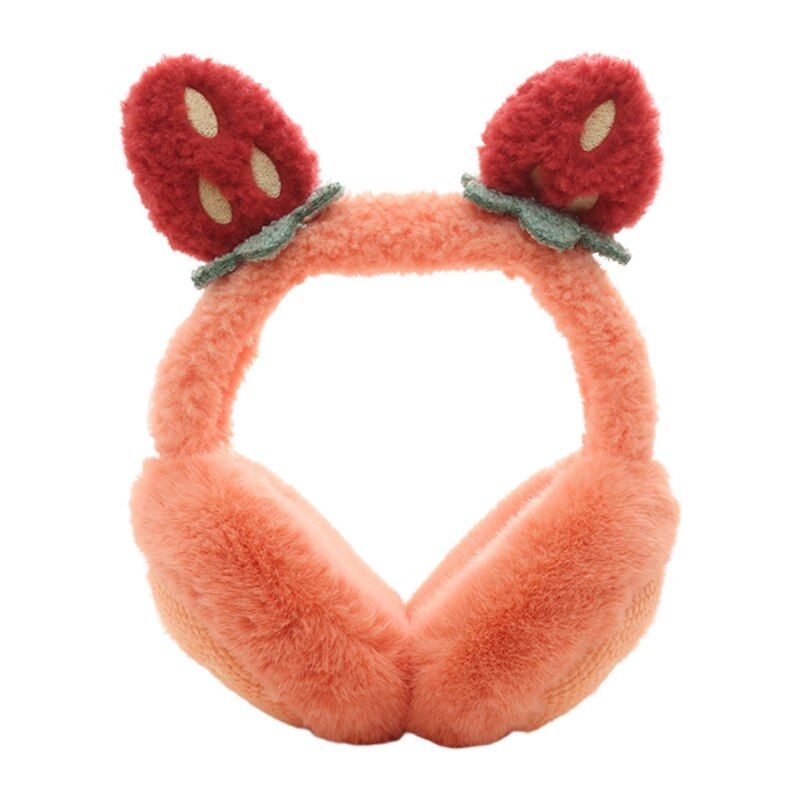 Women Student Winter Fluffy Plush Earmuffs Cute Cartoon 3D Strawberry Ears Earflap Foldable Portable Ear Warmers Covers: Orange