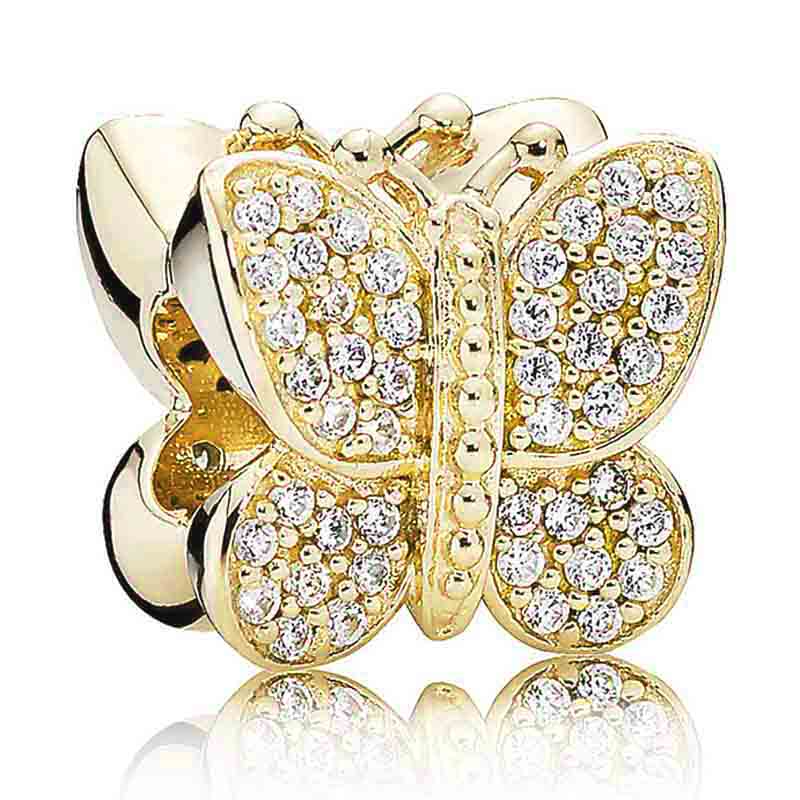 Sparkling Ball Butterfly Love Heart Bonds With Crystal Charm 925 Sterling Silver Beads Fit Bracelet Bangle DIY Jewelry: B21-Gold