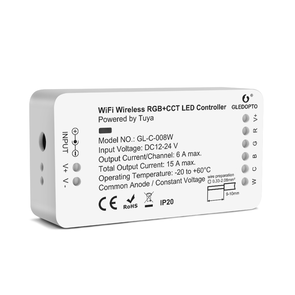 WiFi smart LED light strip controller RGB+CCT color adjustment brightness wireless remote control