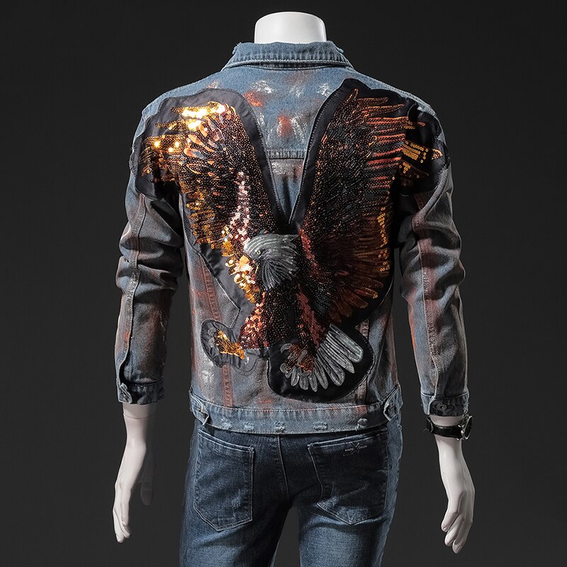 Hipster Sequins Eagle Punk Denim Jacket Men Hip Hop Streetwear Jeans Jacket Blue Embroidery Slim Denim Jacket Male