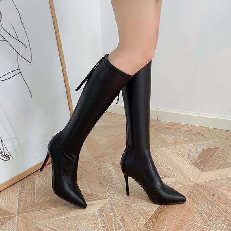 Sexy talons hauts bottes femmes en cuir verni bottes automne hiver bout pointu fermeture éclair femme chaussures genou-haut