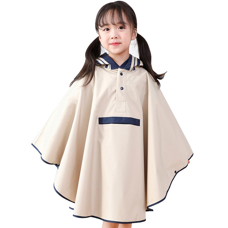 Kids Children's Windproof Raincoat Waterproof Hooded Raincoat Kindergarten Kids Baby Stereo Poncho With School Bag Outerwear: beige white L