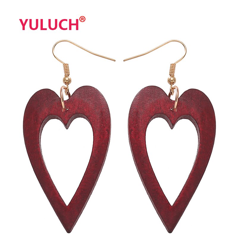 YULUCH-pendientes de madera con forma de corazón para mujer, aretes colgantes, hechos a mano, para