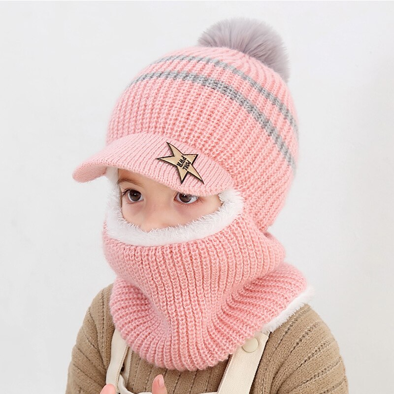Children Winter Knit Hats Ribbed Beanie Hat Kids Cap Scarf Set Neck Warmer with Thick Fleece Lined Winter Girl Boys Ring Scarves: 04