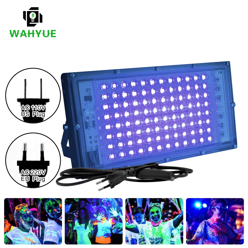 Reflector Led UV 110V 220V 50W 100W luz de 395nm 400nm IP65 lámpara fluorescente ultravioleta impermeable para escenario con enchufe de EE. UU./UE