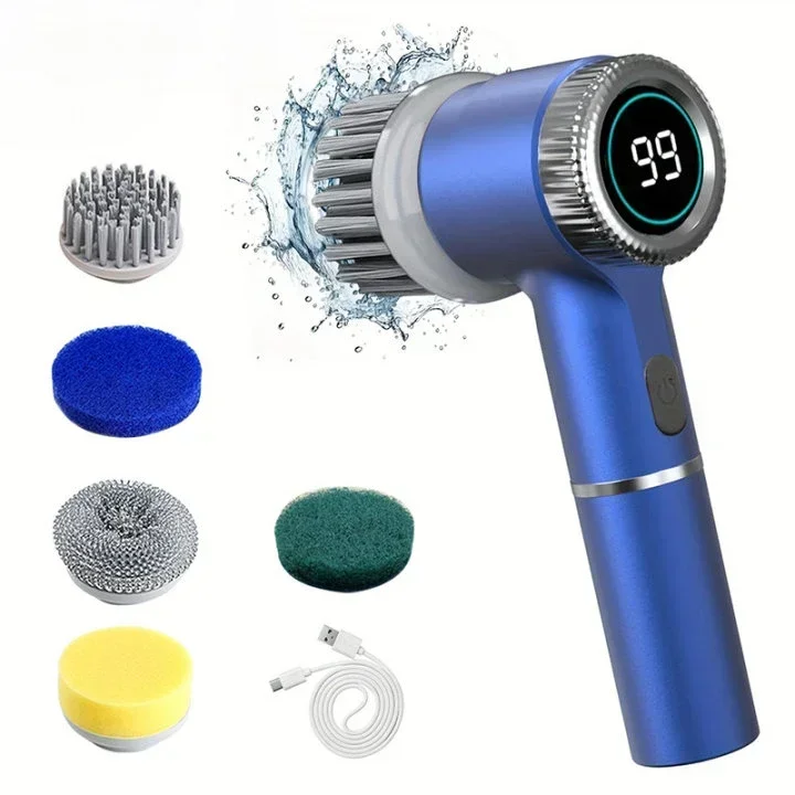 6in1 Electric Cleaning Brush Multifunctional Kitchen Bathroom Toilet Portable Powerful Clean Brush LED Display: Blue