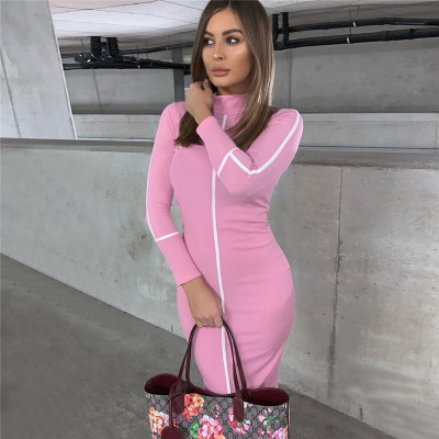 Simenual lässig Bodycon Frauen Lange Kleid Volle Hülse gestreift Patchwork Kleider Rollkragen Damen Dünne Kleider