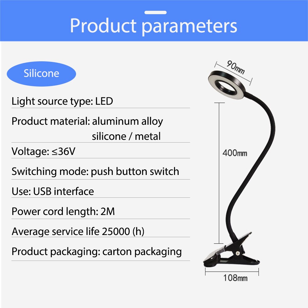 Usb power led pöytävalaisin klipsillä joustava opiskelu lukukirjalamppu silmiensuojaus pöytälamppu kodin makuuhuoneen työvalaistus