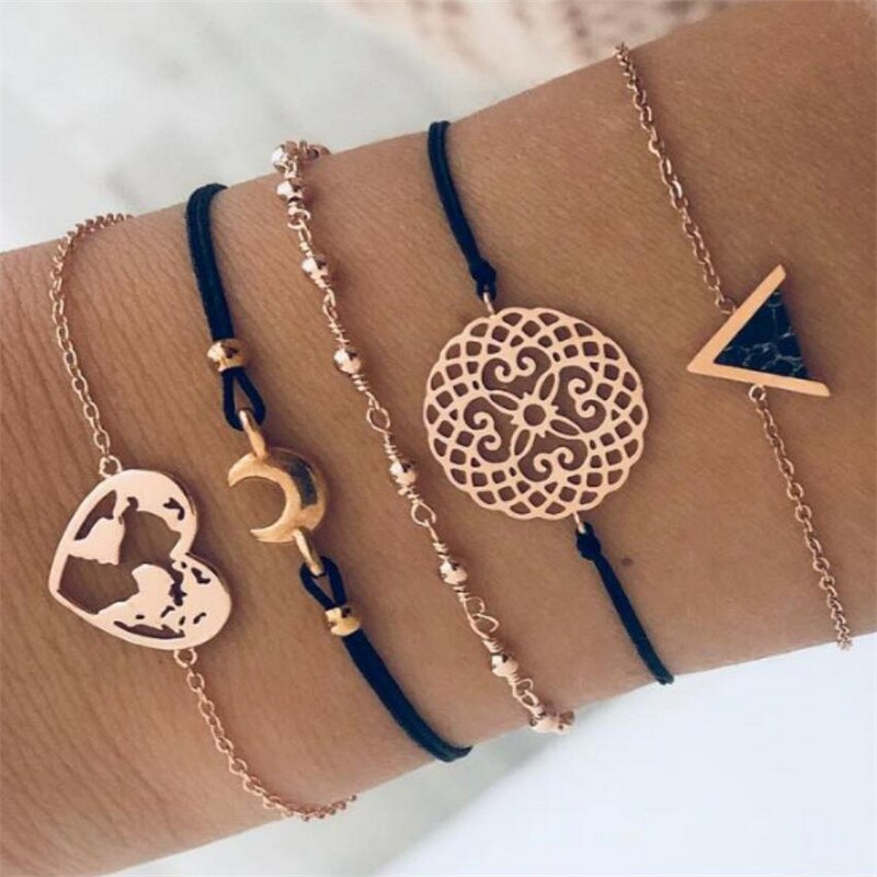 Nykøb 5 stk/sæt vintage sølvfarvede boheme armbånd wave geometrisk charme armbånd til kvinder fest smykker: 30019