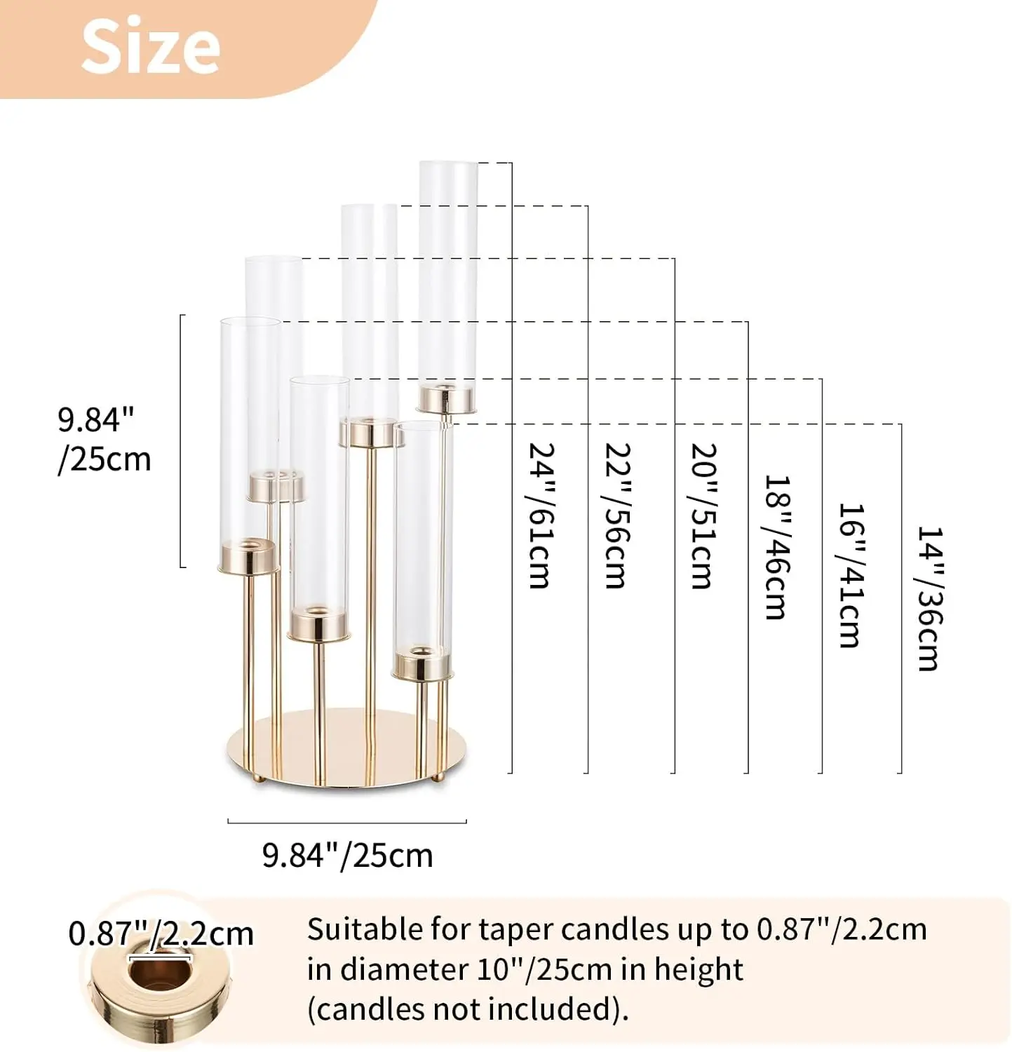 Candelabro de Metal dorado de 6 brazos para centro de mesa de boda, candelabros grandes, soporte cónico para mesa de boda al aire libre: Blanco