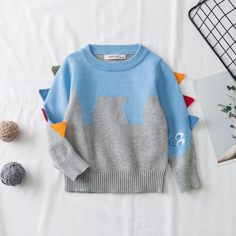 Efterår vinter strikket broderi pullover dinosaur børn sweater sød splejsning baby dreng piger rund hals sweater: 6t