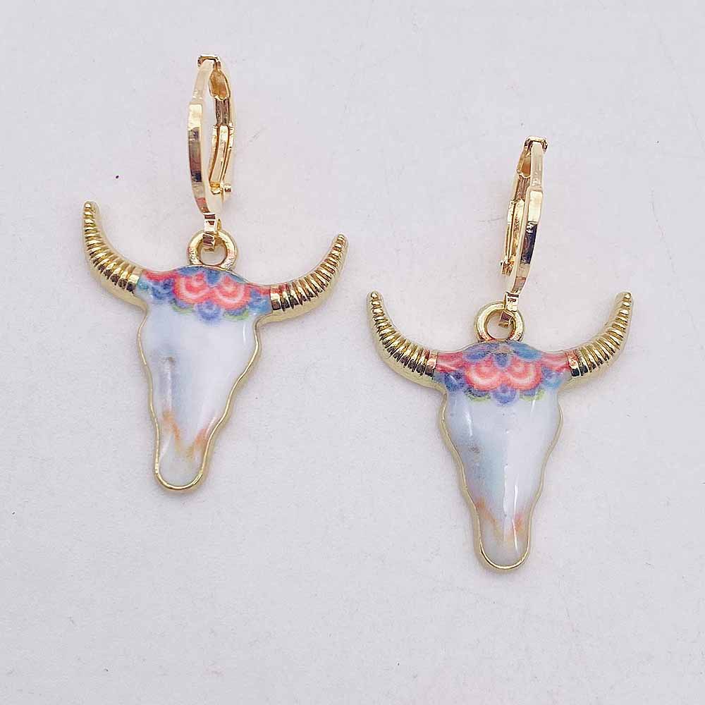 Pendientes de cabeza de toro esmaltados coloridos, vaquera occidental, pendientes colgantes de aleación, joyería