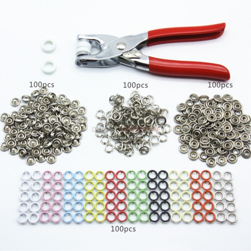 9.5mm 100 Sets 10 Kleuren Metalen Naaien Knoppen Prong Ring Drukknopen Snap Fasteners + Clip Tang DIY Kleding decoratie