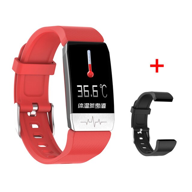 Nuovo T1 Smart Bracelet termometro misurazione della temperatura corporea salute frequenza cardiaca Smart Band Watch Tracker Fitness impermeabile: Red with strap